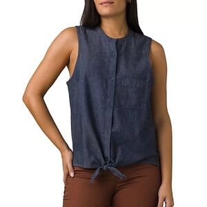 PrAna Sunrise Peak Tank Top Blue Women’s Large Button Up Tie Front Summer